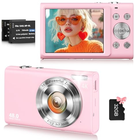 Appareil photo numérique, caméra de vlogging 4K pour caméras YouTube Autofocus pour la photographie avec zoom numérique 16x, appareil photo numérique compact 48 MP pour adolescents et adultes avec