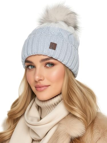 Baesics Bommelmütze Damen Herren - Wintermütze Kunstfell Bommel warm | Mit flauschigem Pompon und weichem Fleecefutter, Größe ca. 54-58 cm, Strick aus der EU. Warm für Herbst, Winter und als