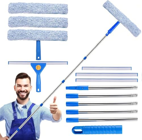 2m Window Cleaning Equipment Cleaner Tool with Long Extendable Pole, 35cm Scrubber(3 Replaceable Sleeves), 3 Squeegees(35cm *2 & 25cm *1), Ideal Cleaning Kit for High Windows, Car, RV & Shower Glass
