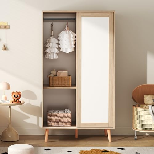 Soweiz Armadio per bambini con ante scorrevoli con asta, appendiabiti in ferro, pannelli di truciolato, piedini in legno massiccio, bianco e legno naturale, 80 × 46 × 141,5 cm