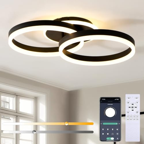 Dimbar LED-taklampa med fjärrkontroll och app, 36W 50cm modern taklampa med dubbel ringdesign, minnesfunktion och nattlampa, LED-lampa för vardagsrum, sovrum, kök, hall, kontor, svart