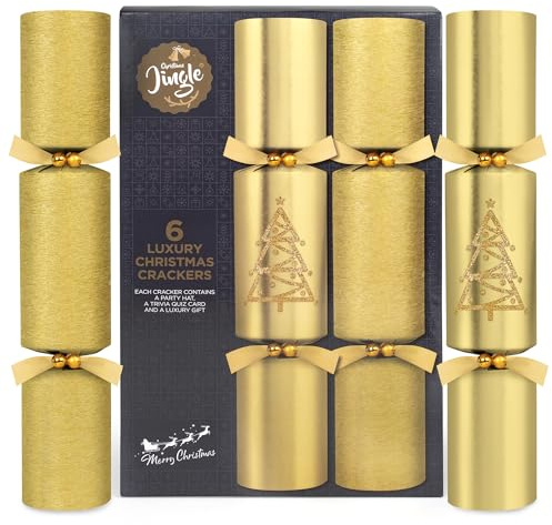 Gold Luxury Christmas Crackers – 6 x 14 Festive Crackers with Hats, Trivia Quiz Cards, and Gifts – Tasteful Gold Finish for Family Christmas Table Celebrations
