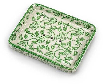 PARUSIA Seifenschale mit Ablauf, Keramik, Porzellan, Seifenschale ohne Bohren, 4 Designs: Ranken, Herzen, Blüten, Ornamente, für Feste Seife, Kernseife, festes Shampoo, Haarseife (Ranken grün)