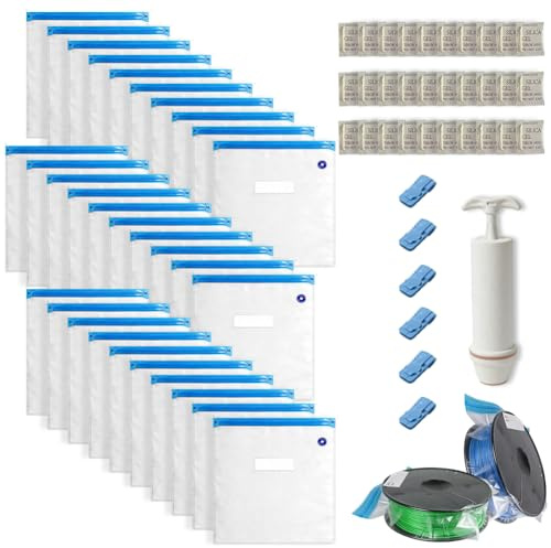 30 Stk Vakuumbeutel Filament und 30 Trockenmittelbeutel, 34 x 30cm Wiederverwendbare Filament Aufbewahrung mit 1 Handpumpe und 6 Dichtungsclips