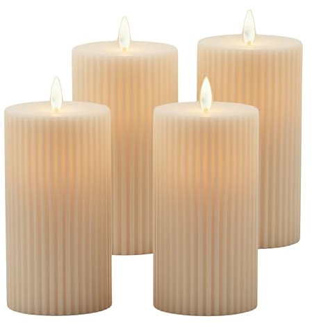 Relaxdays LED Kerzen 4er Set, HxD: 17,5x8 cm, flackernde Flamme, Rillen, Kunststoff, flammenlose Blockkerzen, Champagner