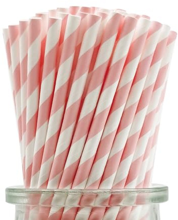 Light Pink Striped Paper Drinking Straws, [100 Pack] Biodegradable Disposable Cute Pink and White Paper Straws for Bridal Shower, Brithday, New Year, Christmas, Valentine Party Decoration