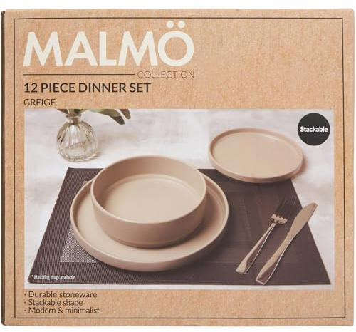 wilko Malmo 12 Piece Dinner Set, Greige, Stacking Design, Contemporary Scandi Collection, Everyday and Special Occasions