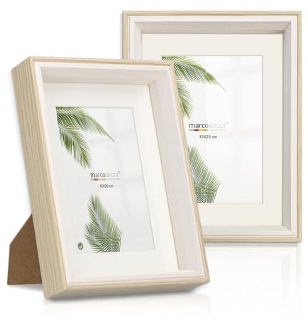 Marco de foto 15x20 cm SIN paspartu y 10x15 cm CON paspartu, color Madera - Blanco, Pack x2 unidades, con paspartu, soporte de pie y para colgar (Madera Blanco X2 Uds., 15 x 20 cm) set portafotos