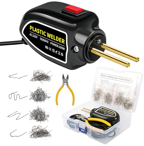 Kit di riparazione paraurti per auto, 16,5 x 12,5 x 6 cm, stazione di saldatura in plastica, saldatura in plastica, riparazione di pistola saldatore con 200 chiodi di saldatura, 4 tipi per paraurti