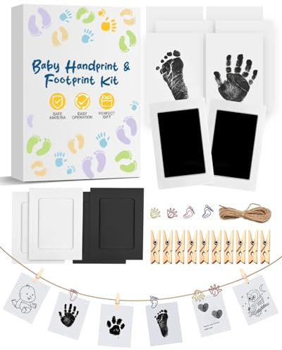 Set di impronte di mani e piedi per bambini, set di 2 tamponi di inchiostro, 4 cornici per foto, 6 biglietti per impronte, regalo per baby shower e nascita, kit per impronte di cani e gatti (27 pezzi)