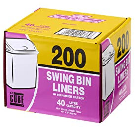 LE CUBE Swing Bin Liners, Dispenser Box of 200 Unscented White Plastic Bin Bags, 40 Litre Capacity, Rim 114cm x Depth 76cm