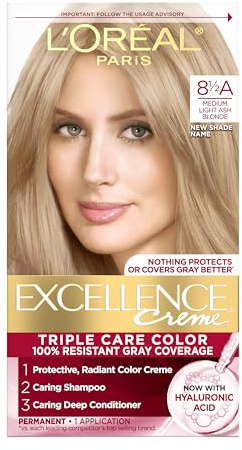 L'Oreal Paris Excellence Crème Permanent Hair Dye, Triple Care Hair Color with Hyaluronic Acid for 100% Gray Coverage, 8.5A Medium Light Ash Blonde, 1 Kit (Packaging May Vary)