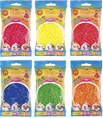 Hama Happy Price Toys Midi-strykpärlor (Kon-5) i paket med 6 neonfärger (neongul, neonröd, neon fuchsia, neonblå, neongrön, neonorange) + strykinstruktioner med 3 designmallar