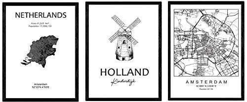 Nacnic Pack von Plakaten und Denkmäler Ländern. Amsterdam Stadtplan, Karte Niederlande Kinderdijk Denkmal. A3 Größe