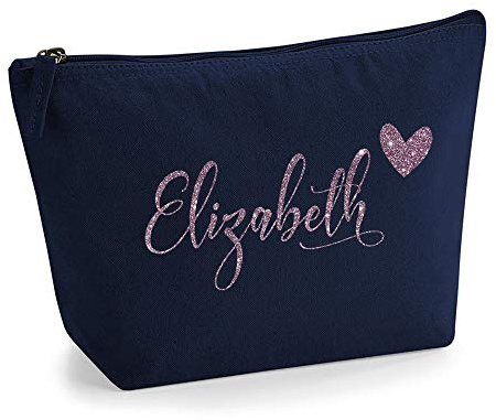Personalisiert Name Initialen im Herz Design Kosmetiktasche Damen Schminktasche für Handtasche Makeup Tasche mit Texturdruck - Roségold Glitter - L | Marine Blau