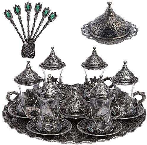 Alisveristime Handmade Turkish Tea Water Zamzam Serving Set Glasses Saucer, Tray and Spoon (Authentic Black)