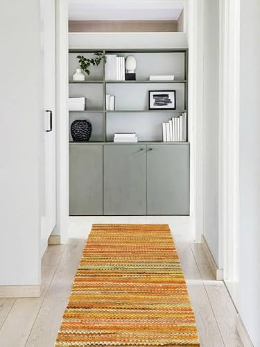 RugVista Ronja, Teppich, Kelim Modern, 80 x 350 cm, Rechteckig, Niedriger Stapel, Nur chemische Reinigung, Care & Fair Zertifiziert, Multi/Gelb