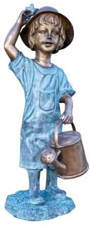 IDYL Bronze-Skulptur Mädchen mit Gießkanne | 60x23x24 cm | Kinderfigur aus Bronze handgefertigt | Gartenskulptur oder Teich-Dekoration | Hochwertiges Kunsthandwerk | Wetterfest