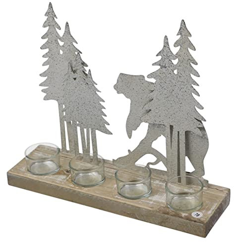 Teelichthalter Wald und Bär Silber 36x30 cm Weihnachtsdeko Winterwald Winterdeko