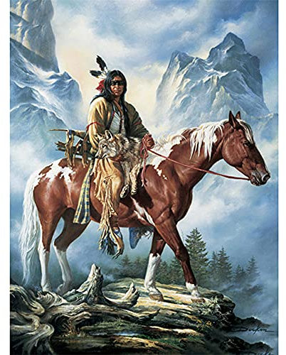 DIY 5D Diamant Malerei Kit Vollbohrer Indianer Pferde,Diamond Painting Bilder Erwachsene Große Stickerei Kreuzstich Strass Diamant Kunsthandwerk Home Wand dekor Square Drill 80x120cm/31.4x47.2in