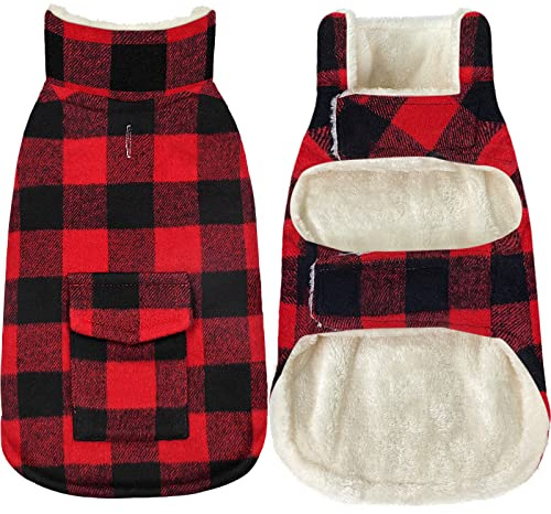 Malier Winter Coat for Dogs - Classic Plaid Fleece Cold Weather Jacket With Pocket, Windproof Warm Vest Clothes for Small Medium Large Dogs (Red, Medium)