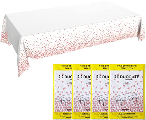 Duocute 4 Piezas Mantel Fiesta Oro Rosa y Blanco para Mesa Rectangular Cubierta de Mesa Impermeable con Puntos de Oro Rosa para Cumpleaños, Despedidas de Soltera, Bodas, Navidad, Picnic, 137 X 274 cm