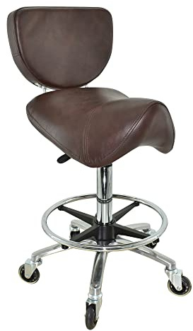 VAKON SALON - Sattelhocker mit Lehne Braun, Sattelstuhl für Rückenentlastung, Rollhocker höhenverstellbar von 55-75 cm mit Fußring, Drehhocker, Praxishocker, Bürohocker, Arbeitshocker
