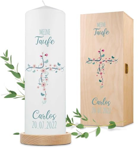 GRAVURZEILE Candela stampata per battesimo con croce di fiori, candela stampata brillante per battesimo, regalo personalizzato per ragazze e ragazzi, candela a colonna di alta qualità, 25080 mm,