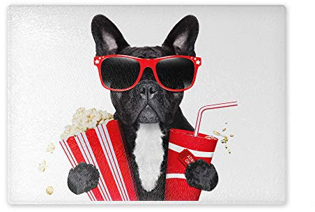 Schneidebrett/Glasschneidebrett 30x39x0,4cm- Motiv: Französische Bulldogge mit Brille, Popcorn und Cola auf dem Weg ins Kino | 03