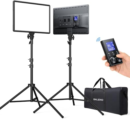 RALENO LED Video Panel Light, 2-Pack 18 45W Photography Lights with 78'' Stand & Remote for Video Recording TikTok YouTube Streaming, CRI97+ Bi-Color 2500-6500K Studio Lighting