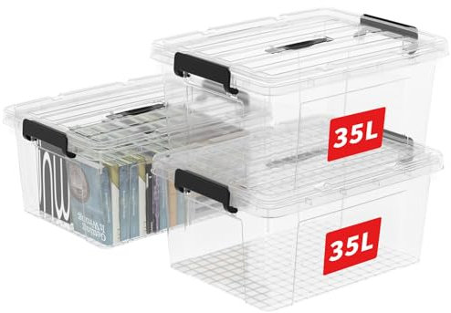 Cetomo 35L*3 Storage Boxes, Carry Plastic Storage Box with Lids, Organizing Container with Handle and Secure Latching Buckles, Stackable, Nestable, Tote Bin for Home Office Clothes, 35L-3Pack, Clear