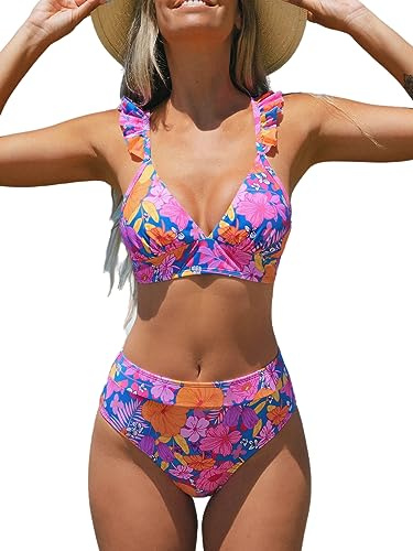 CUPSHE Damen Bikini Set V Ausschnitt High Waist Rüschenträger Blumenmuster Bademode Zweiteiliger Badeanzug Swimsuit Rosa Blumen XL