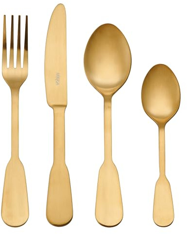 Mikasa Soho Gold 16pc Stainless Steel Cutlery Set, Gold Cutlery Set for 4 | Includes 4X Knives, 4X Forks, 4X Dessert Spoons and 4X Teaspoons - Dishwasher Safe