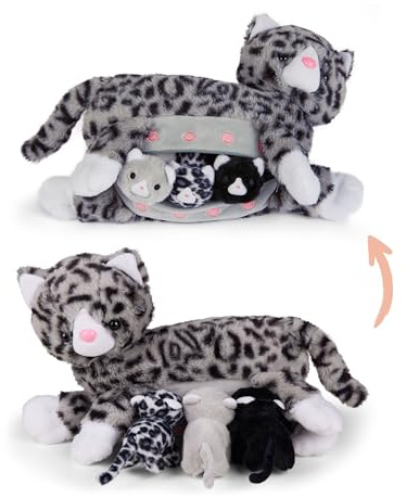 Mamanimals Katze Kuscheltier mit 3 Baby Katzen, Babys im Bauch mit Reißverschluss verstaubar, magnetische Zitzen zum Säugen, hochwertiges Plüschtier Set für Kinder