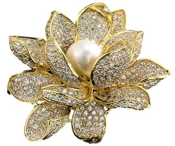 spille gioiello per vestiti Spilla di loto dorato Corpetto da donna Accessori per abiti con spilla a fiori Spilla con fibbia di diamanti Perline bianche