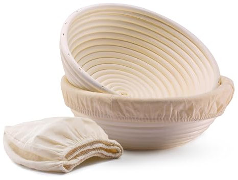 Banneton Bread Proofing Basket, Kook, Sourdough Proofing Bread Basket, Bread Banneton Proofing, Artisan Sourdough Bread Making Baskets, 9 Inch Rattan Baskets and Cloth Liners, Set of 2, Round