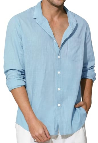 Enlision Camisas Lino Hombre Azul Cielo Manga Larga Verano Camisa para Hombres de Algodon Cuello Mao Casual Henley Shirts Elegantes Playa Boda L