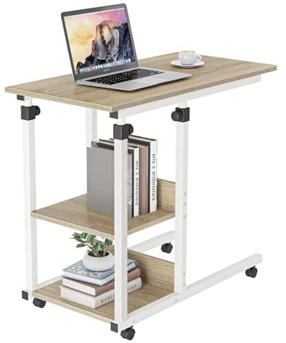 Dripex Scrivania per Computer con Ruote Tavolino 80x40x89 cm Altezza Regolabile Tavolo PC Salvaspazio Mobile per Laptop con Ripiani per comodino, tavolino da caffè, camera da letto (Rovere)