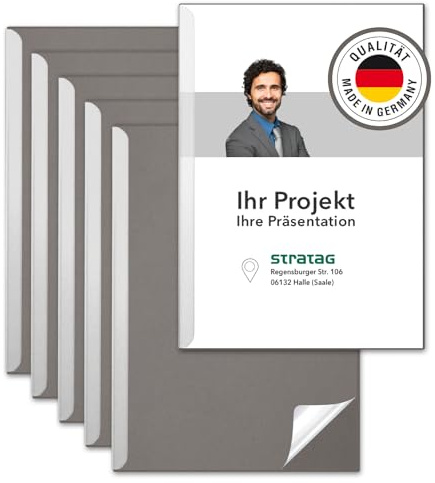 STRATAG Klemmschienen-Set (10 Stück) mit transparentem Deckel aus PP Kunststoff sowie Binderücken aus stabilem 350 g/m² Karton (Klemmmappe A4 Grau Steingrau)