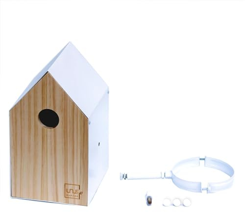 UNUS Vogelhaus Nisthaus Vogelhäuschen Nistkasten Fütterungsstation Holz | Metall Befestigung unten oder seitlich mit Dachrinnenbefestigung weiß