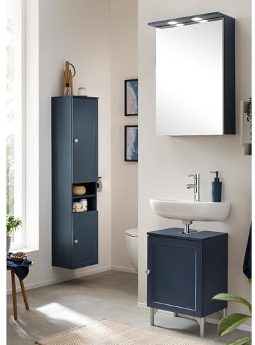 Lomadox Badmöbel Set 3-teilig blau, 1 Waschbeckenunterschrank, 1 Spiegelschrank mit Beleuchtung, 1 Hochschrank