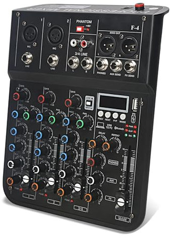 Table de Mixage Son 4 Canaux dj Professionnel Console de Mixage avec FX Reverb Delay, Tabl Mixag dj Pro Audio Mixer avec Usb Bluetooth