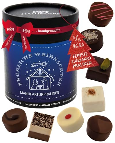 Hallingers Genuss Manufaktur Pralinen Weihnachts-Geschenk - ohne Alkohol, handmade aus Confiserie-Edelkakao in wertiger XXL-Geschenkdose Fröhliche Weihn..., Weihnachten für Frauen Männer