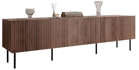 Mirjan24 Fernsehschrank Trigev 200 4D mit 4 Türen (Nuss Warmia) | Fernsehschrank mit 8 Innenfächern, geriffelten Fronten, Soft-Close-System und schwarzen Stahlfüßen
