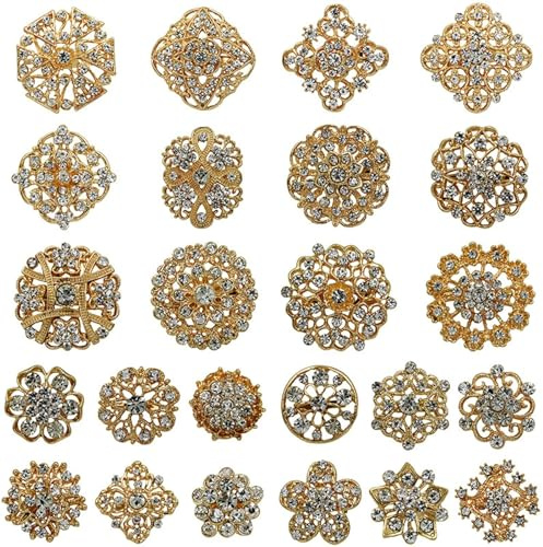 24 Stücke Strass Broschen Kit Kristall Anstecknadeln Broschen Pins Elegant Kranz Brosche Anstecknadel Für Braut Brautjungfer Hochzeit Corsage Kleid Kleidung Brosche Zubehör (c-Gold, 20X15X5CM)