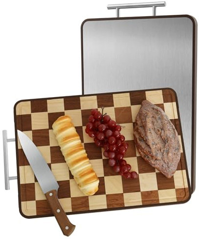 Tagliere 2 in 1 con finitura in legno di ebano e acciaio inossidabile, tagliere in legno con manico, tagliere professionale