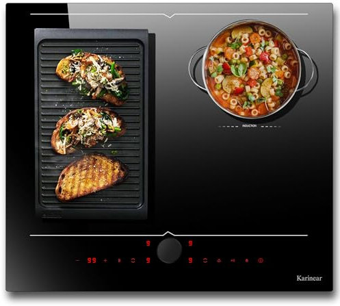 Karinear Placa inducción de 4 fuegos, 60 cm Placa de inducción empotrable, zonas flexibles dobles, control magnético/táctil, temporizador, booster, 220 V-240 V, 7200 W, sin enchufe