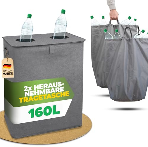 COTTARA® Récipient de collecte de bouteilles consignées à 2 compartiments, avec fente et 2 sacs de transport, idéal pour la cuisine, gris
