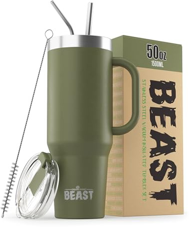 Beast Tumbler with Handle - 1500 ml (50 oz), Army Green | Reusable Stainless Steel, Vacuum Insulated Cup | with + 2 Straws & Cleaning Brush | Double Wall Travel Flask Perfect for Hot or Iced Coffee