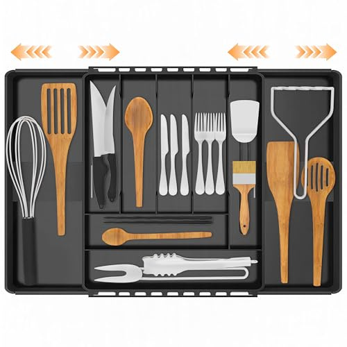 XIALISW Ausziehbarer Besteckorganizer Verstellbar Küchenschubladen, Kunststoff Schwarz Groß